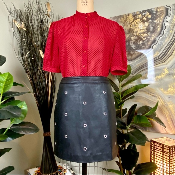 Vegan Leather Mini Skirt Silver Rivets Black Faux Leather Divided M 6 - Picture 2 of 6